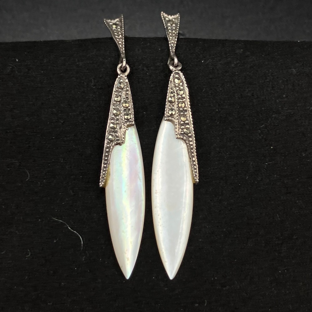 Vintage Sterling Silver Mother of Pearl Marcasite Drop Earrings White 2 in